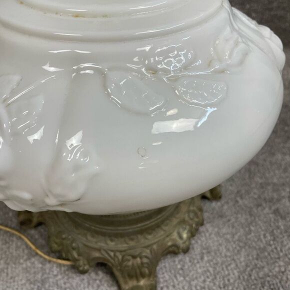 Antique Milk Glass Cherry Blossoms Floral Glass Oil Hurricane Lamp Hedco NY - Picture 5 of 10